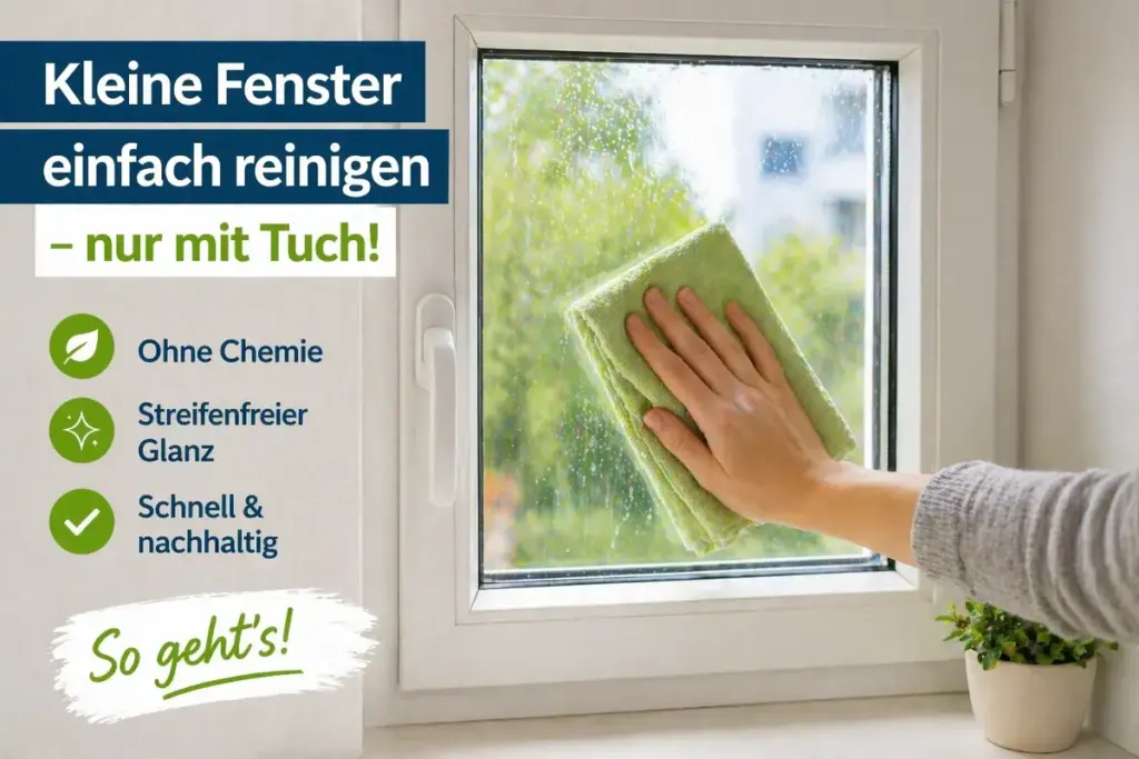 Kleines Fenster wird mit Mikrofasertuch gereinigt für streifenfreien Glanz ohne Chemie