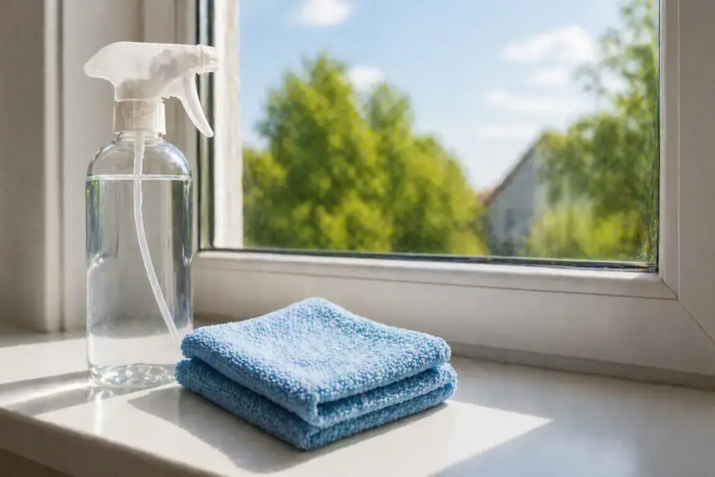 Mikrofasertuch und Sprühflasche auf Fensterbank als Vorbereitung für die Fensterreinigung