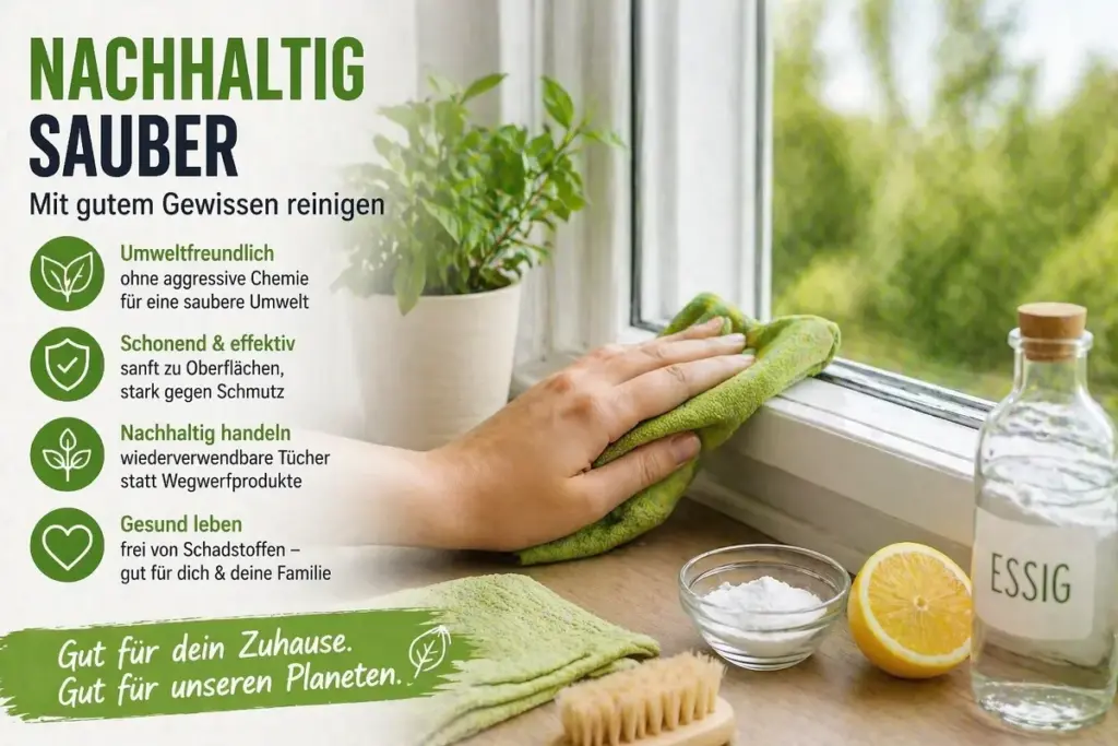 Nachhaltige Reinigung von Fensterrahmen mit Tuch und umweltfreundlichen Hausmitteln wie Essig und Zitrone