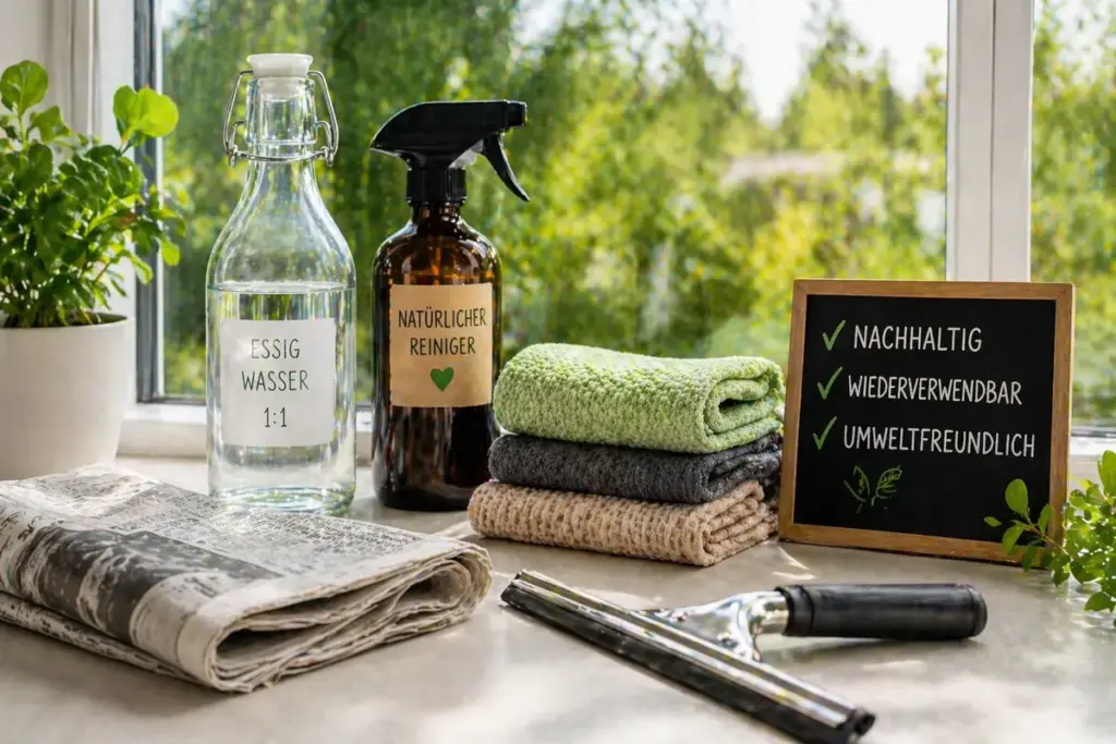 Nachhaltige Fensterreinigung mit Zeitung, Abzieher und wiederverwendbaren Reinigungstüchern auf einer Fensterbank