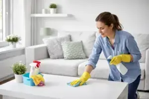 Putzen im Haushalt – Reinigung einer Küche mit Mikrofasertuch und Reinigungsmitteln