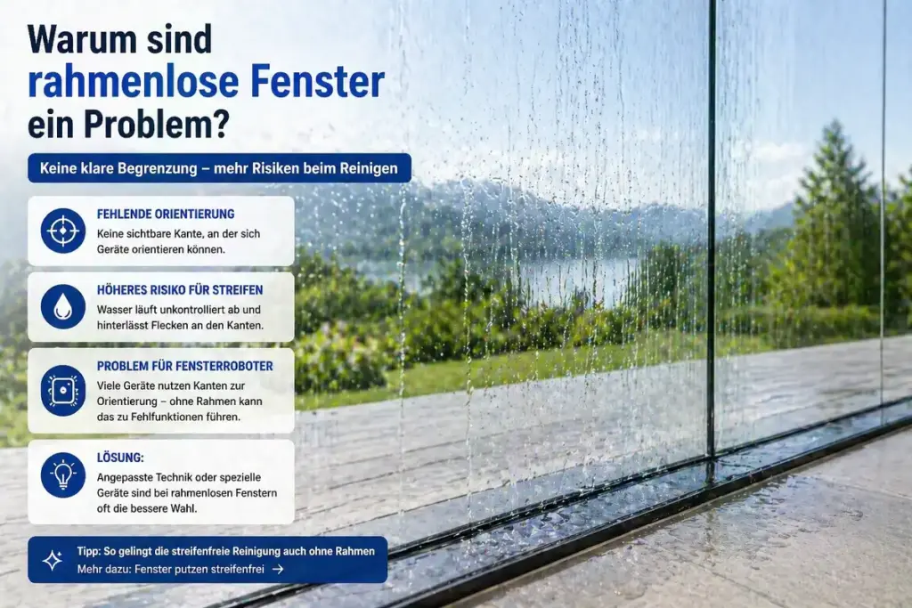 Rahmenloses Fenster mit Wasserflecken und Schlieren zeigt Problem beim Reinigen ohne Kanten