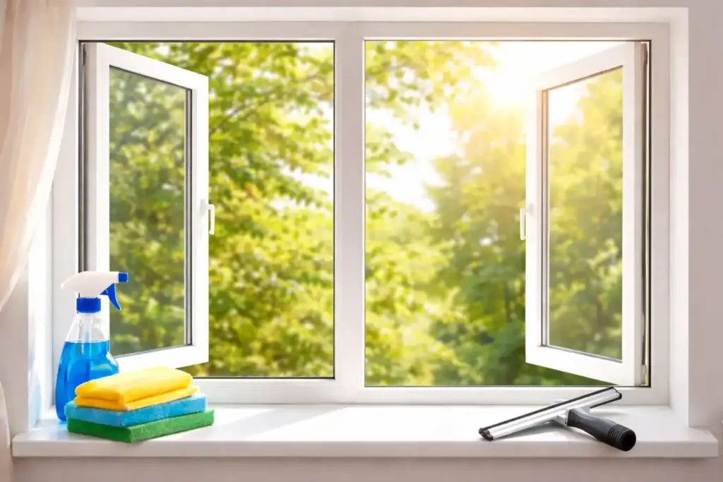 sauberes Fenster mit Sonnenlicht und klarem Blick nach draußen
