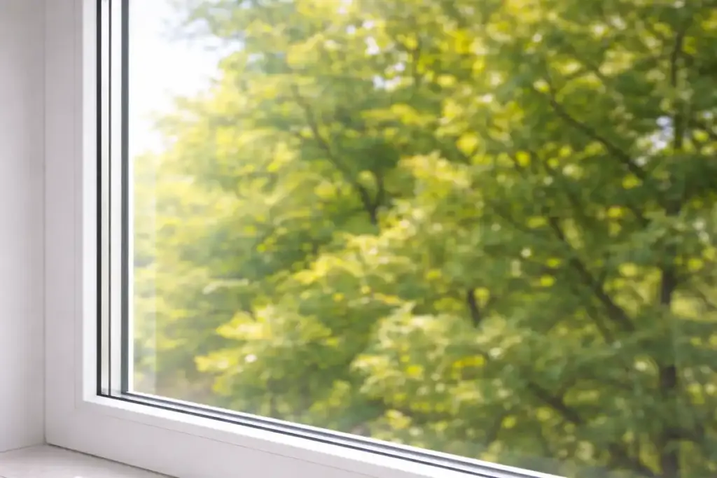 Detailaufnahme einer streifenfreien Glasscheibe nach dem Fenster putzen