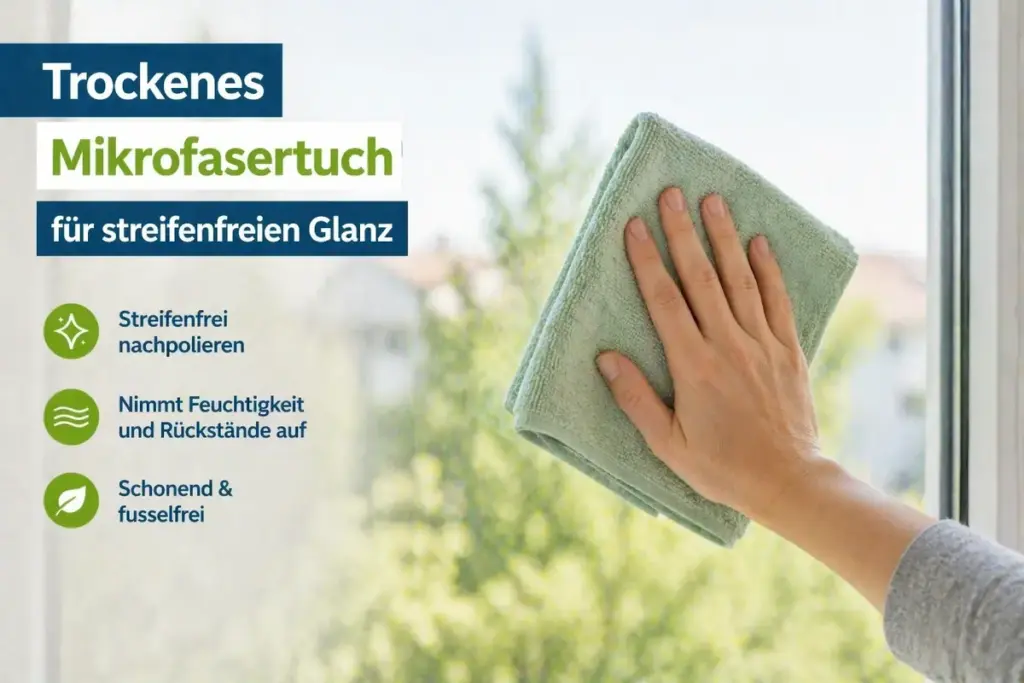 Trockenes Mikrofasertuch wird auf Glasfläche verwendet um Fenster streifenfrei zu polieren