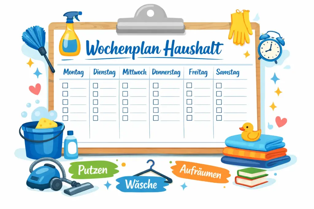 Wochenplan Haushalt als übersichtlicher Putzplan für tägliche und wöchentliche Aufgaben