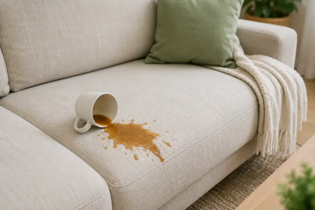 Couch Flecken entfernen mit frischem Kaffeefleck auf heller Stoffcouch im Wohnzimmer