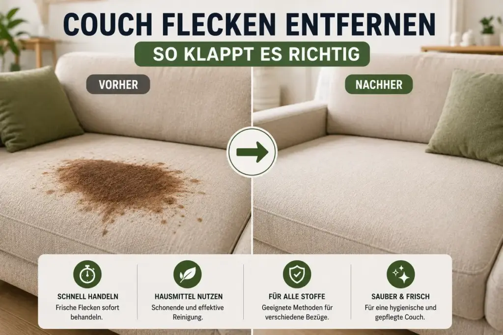 Couch Flecken entfernen vorher nachher Vergleich mit sauberer Couch nach der Reinigung