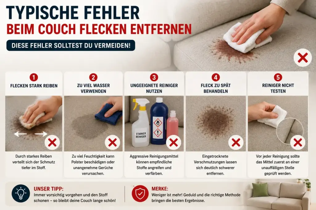 Couch Flecken entfernen mit typischen Fehlern wie starkem Reiben und zu viel Wasser auf Stoffpolstern