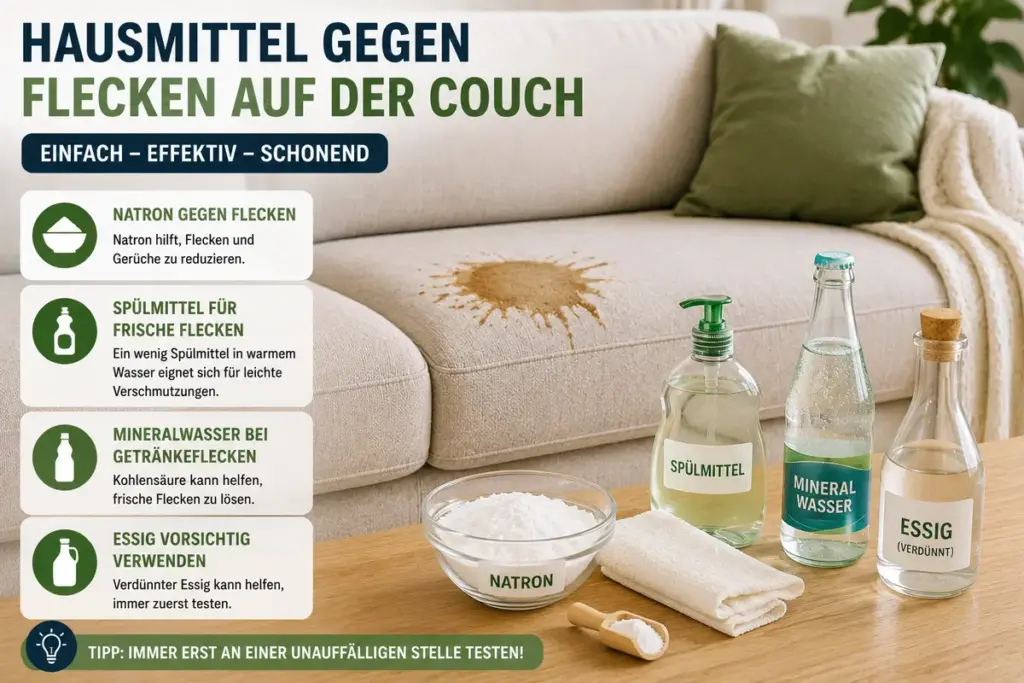 Couch Flecken entfernen mit Hausmitteln wie Natron, Spülmittel und Mineralwasser neben einer verschmutzten Couch