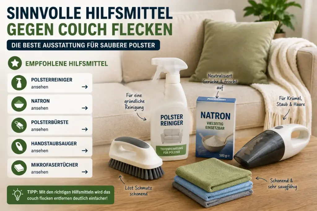 Couch Flecken entfernen mit Polsterreiniger, Natron und Mikrofasertüchern neben einer Stoffcouch
