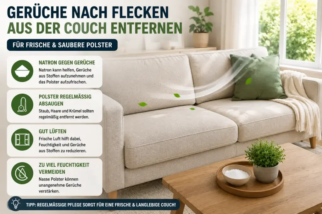 Couch Flecken entfernen und Gerüche beseitigen mit frischer Stoffcouch im sauberen Wohnzimmer