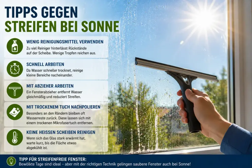Fenster putzen bei Sonne mit Fensterabzieher auf sonniger Glasscheibe zur Vermeidung von Streifen