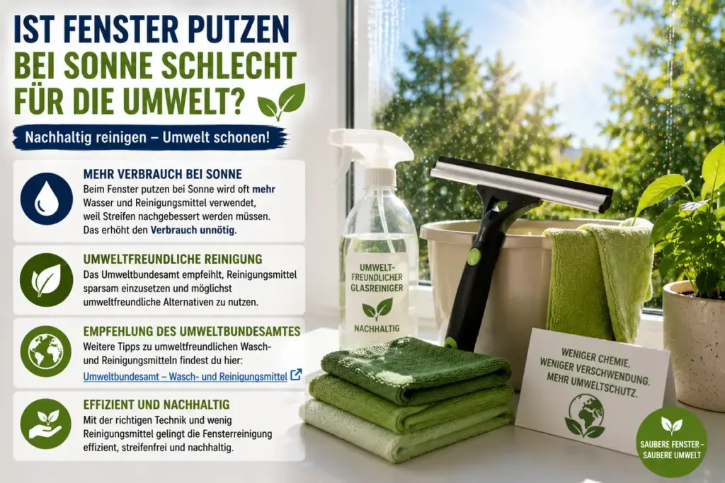 Fenster putzen bei Sonne mit umweltfreundlichem Reinigungszubehör und nachhaltiger Fensterreinigung im Tageslicht