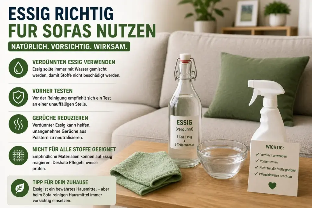 Sofa reinigen Hausmittel mit verdünntem Essig neben hellem Sofa zur schonenden Polsterreinigung
