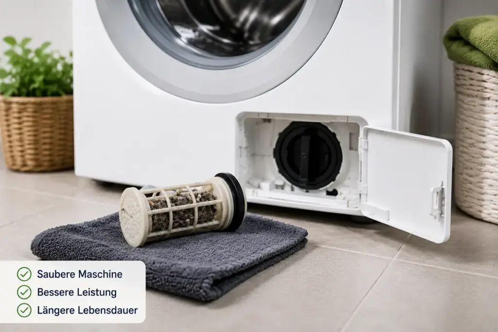 flusensieb waschmaschine reinigen mit geoeffnetem flusensieb und sauberer waschmaschine im hintergrund fuer faq und pflegetipps
