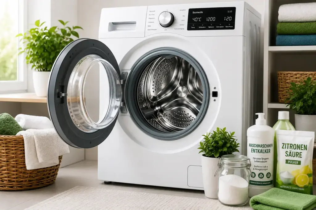 waschmaschine entkalken mit sauberer moderner waschmaschine nach erfolgreichem entkalken sowie zitronensaeure und entkalker im modernen waschraum