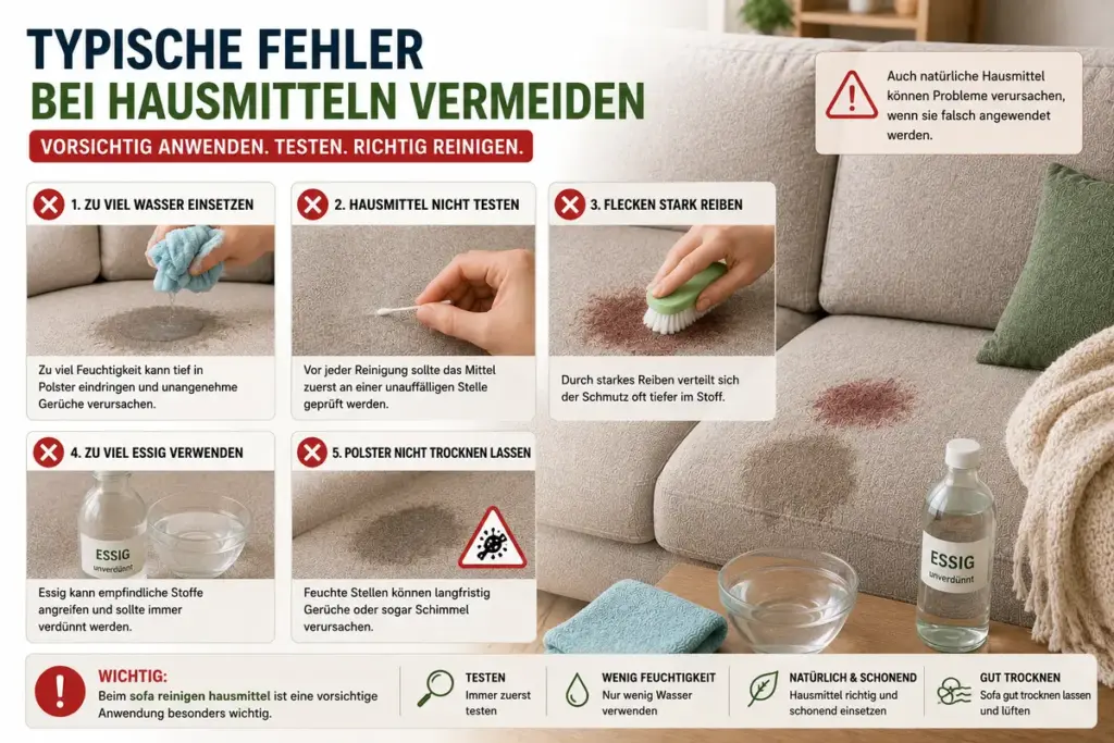 Sofa reinigen Hausmittel mit typischen Fehlern wie zu viel Wasser und falscher Anwendung auf Stoffsofas