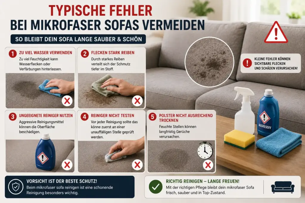 Mikrofaser Sofa reinigen mit typischen Fehlern wie zu viel Wasser und falschen Reinigungsmitteln