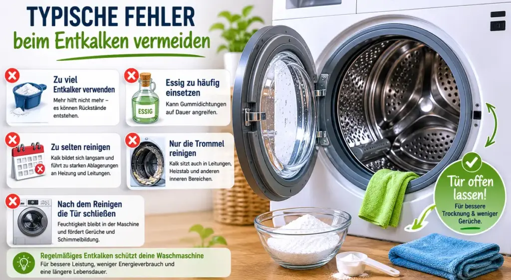 waschmaschine entkalken mit typischen fehlern beim entkalken und geoeffneter trocknender waschmaschine nach der reinigung