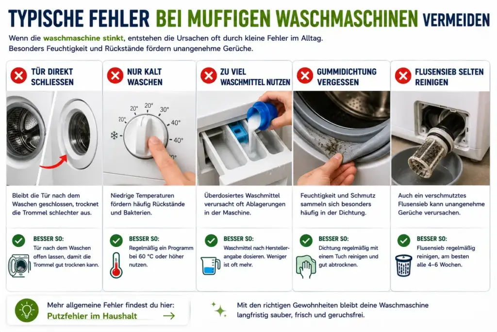 waschmaschine stinkt durch typische fehler wie feuchtigkeit kalte waesche verschmutzte dichtung und flusensieb