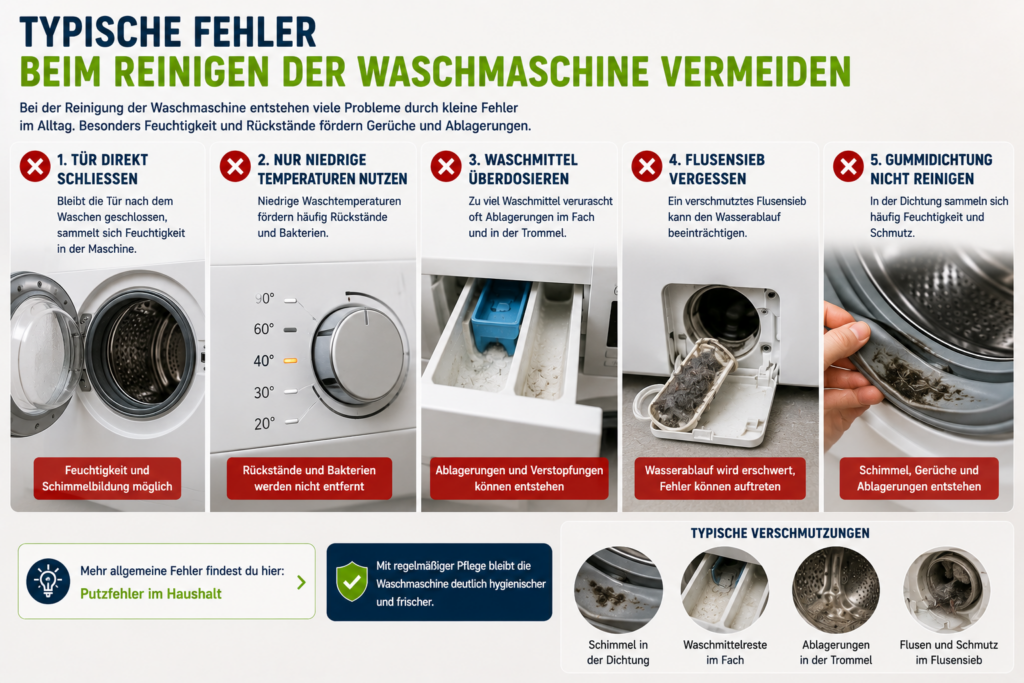 waschmaschine reinigen mit typischen fehlern wie schimmel flusensieb und waschmittelresten in der waschmaschine