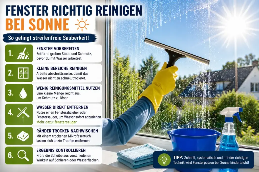 Fenster putzen bei Sonne mit Fensterabzieher und richtiger Technik für streifenfreie Fenster