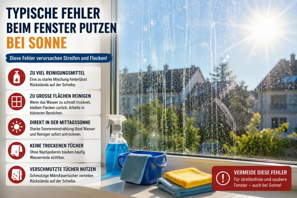 Fenster putzen bei Sonne mit verschmierter Glasscheibe und typischen Fehlern bei der Reinigung