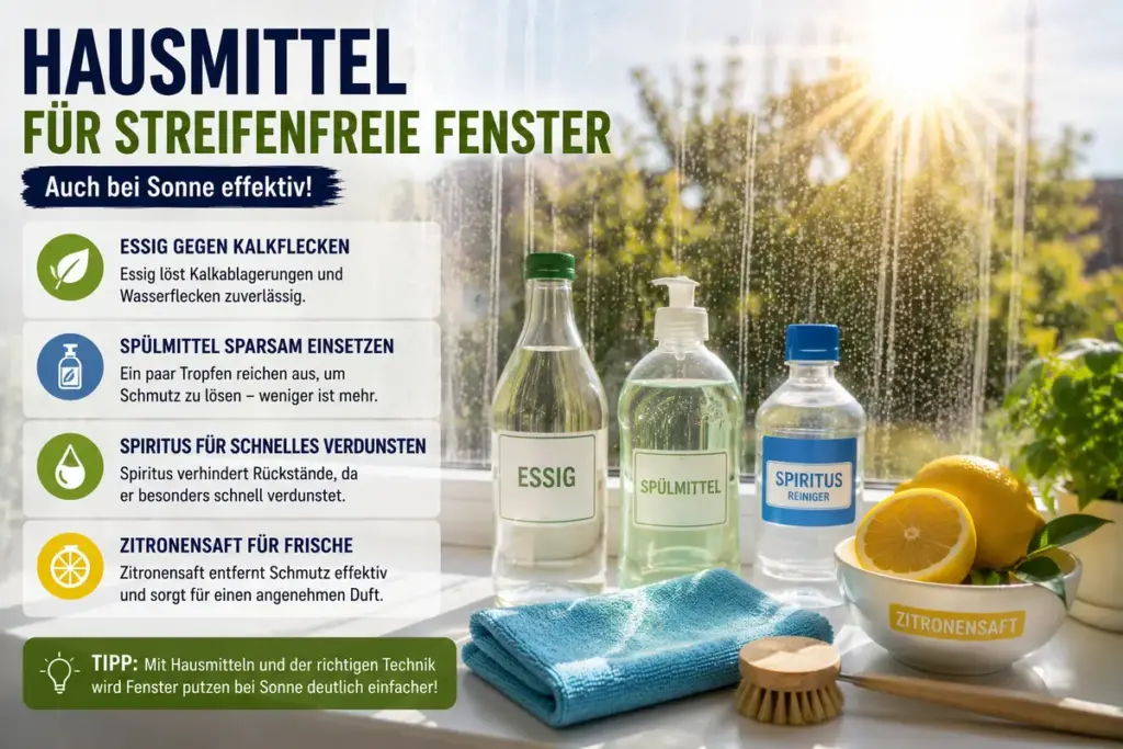 Fenster putzen bei Sonne mit Hausmitteln wie Essig, Spülmittel und Zitronensaft neben sonnigem Fenster