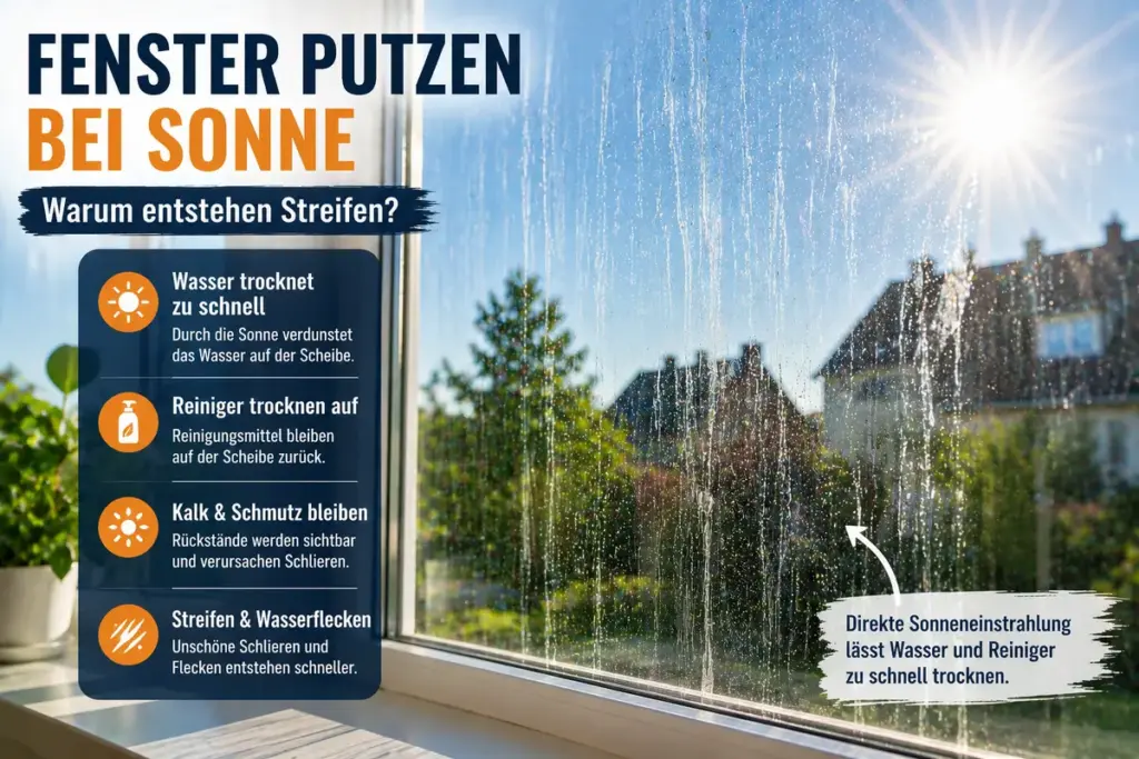 Fenster putzen bei Sonne verursacht sichtbare Streifen und Wasserflecken auf der Glasscheibe