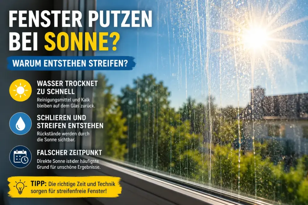Fenster bei direkter Sonne reinigen verursacht sichtbare Streifen auf der Glasscheibe
