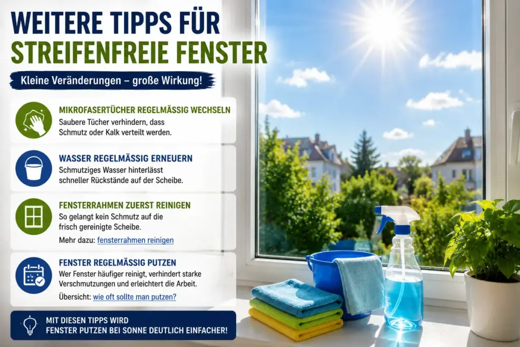 Fenster putzen bei Sonne mit sauberem Fenster, Mikrofasertüchern und Reinigungszubehör für streifenfreie Ergebnisse
