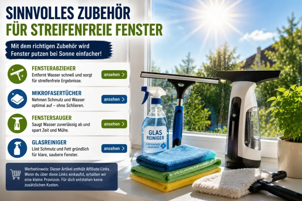 Fenster putzen bei Sonne mit Fensterabzieher, Mikrofasertüchern und Fenstersauger im Sonnenlicht
