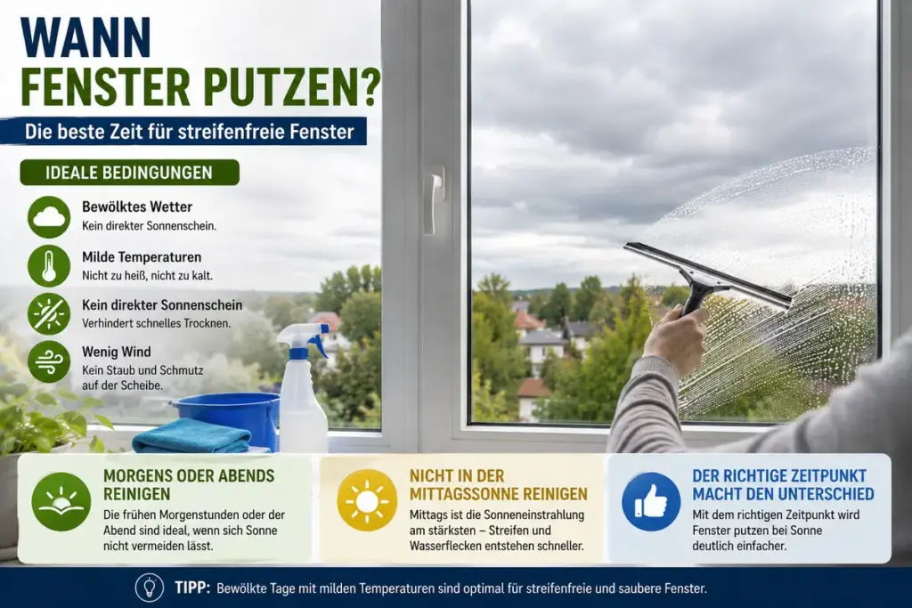 Fenster putzen bei Sonne vermeiden durch Reinigung bei bewölktem Wetter und mildem Licht