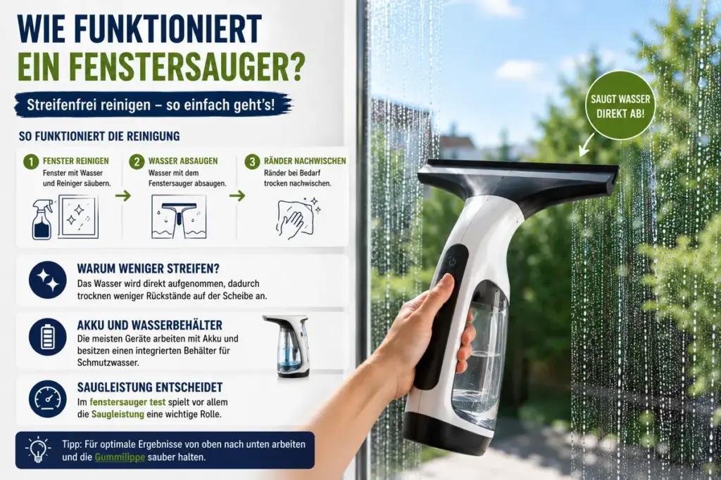 Fenstersauger Test zeigt wie ein Fenstersauger Wasser direkt von der Glasscheibe absaugt