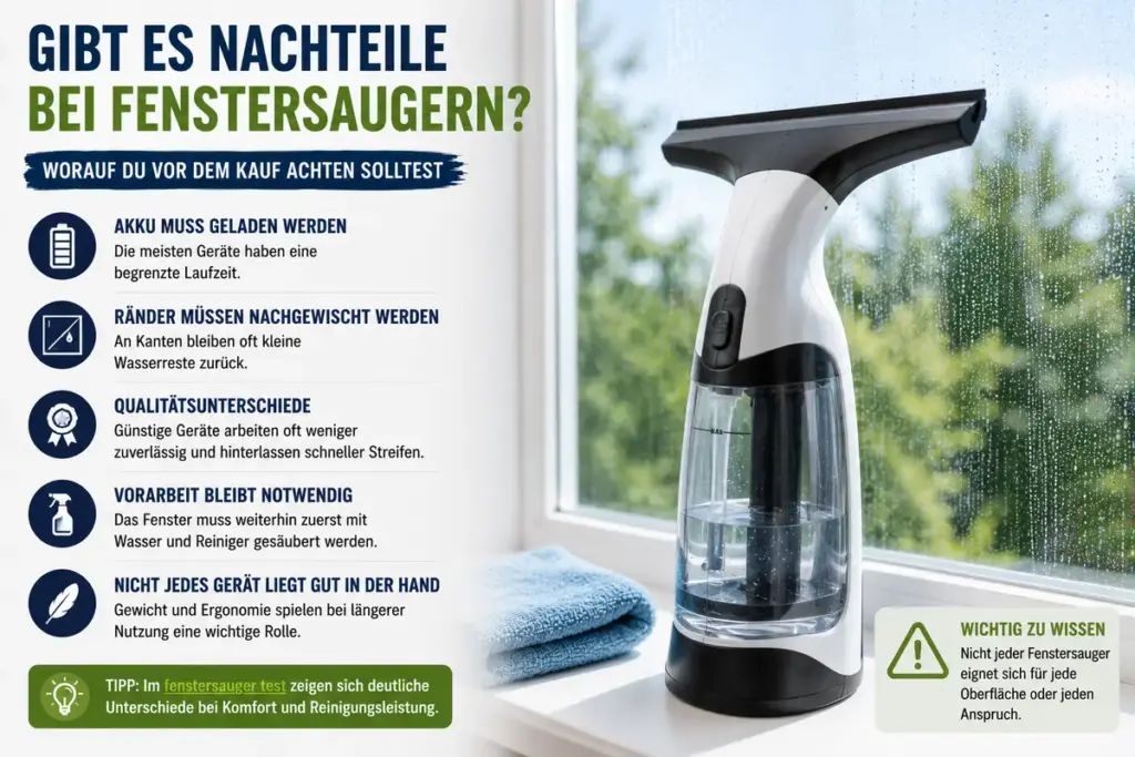 Fenstersauger Test zeigt Fenstersauger mit Wasserbehälter und mögliche Nachteile bei der Fensterreinigung