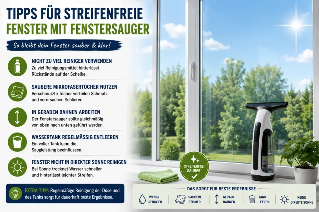 Fenstersauger Test zeigt streifenfreie Fenster nach der Reinigung mit modernem Fenstersauger