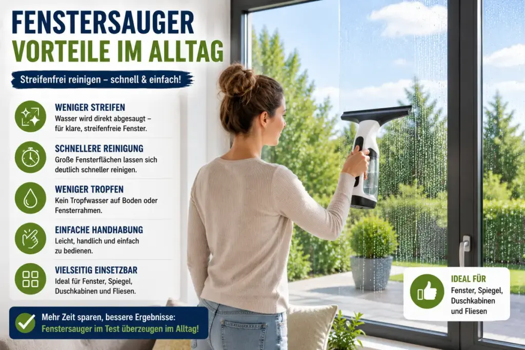Fenstersauger Test zeigt moderne Fensterreinigung mit Fenstersauger an großer Fensterfront im Alltag