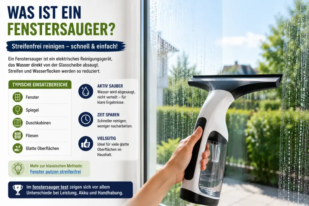 Fenstersauger Test zeigt modernen Fenstersauger auf Glasfläche im Einsatz bei der Fensterreinigung