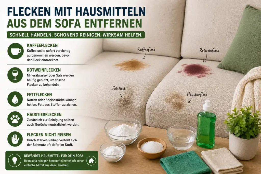 Sofa reinigen Hausmittel bei Kaffee-, Rotwein- und Fettflecken auf einer Stoffcouch