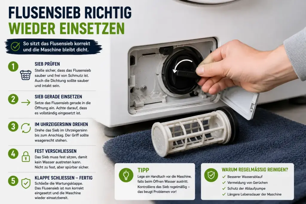 flusensieb waschmaschine reinigen mit korrekt eingesetztem flusensieb und schritt fuer schritt anleitung an der waschmaschine