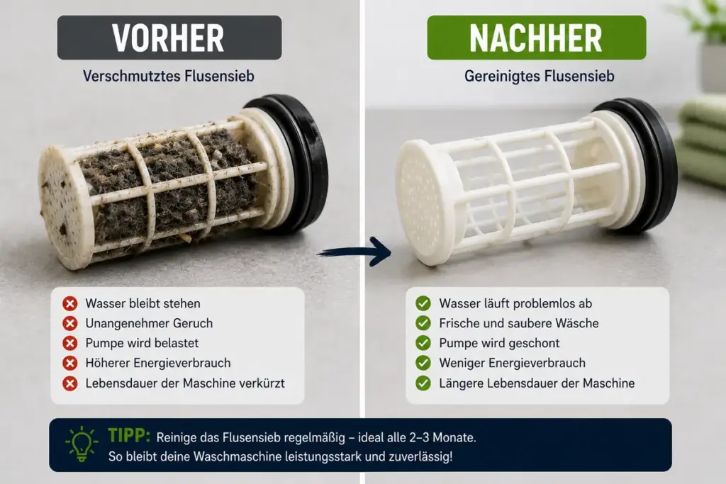 flusensieb waschmaschine reinigen vorher nachher vergleich mit verschmutztem und sauber gereinigtem flusensieb fuer bessere waschmaschinenleistung