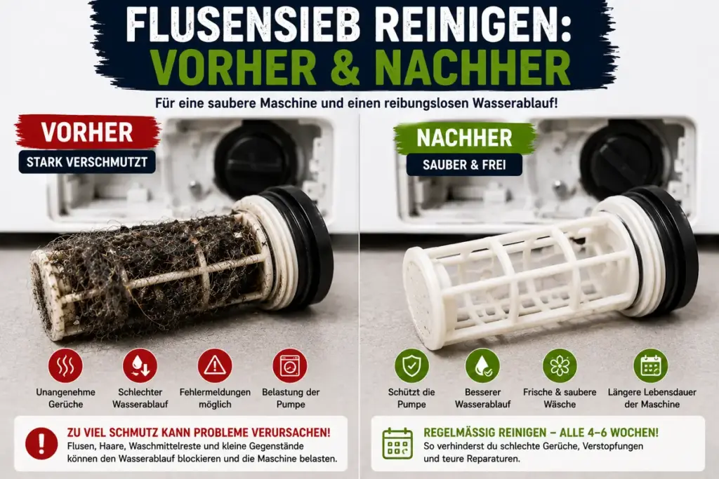 flusensieb waschmaschine reinigen vorher nachher vergleich mit stark verschmutztem und sauber gereinigtem flusensieb
