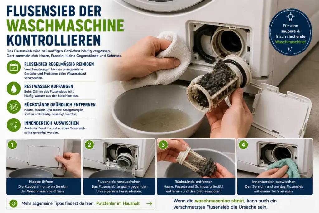 waschmaschine stinkt durch verschmutztes flusensieb mit haaren fusseln und reinigung des flusensiebs