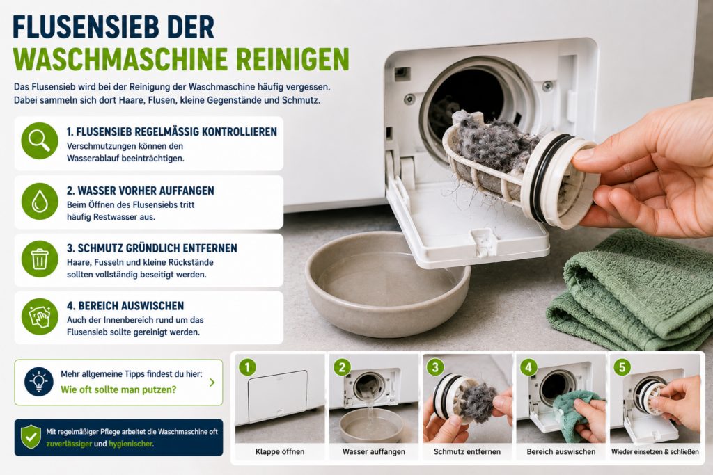 waschmaschine reinigen mit geöffnetem flusensieb und entfernten flusen bei der reinigung der waschmaschine