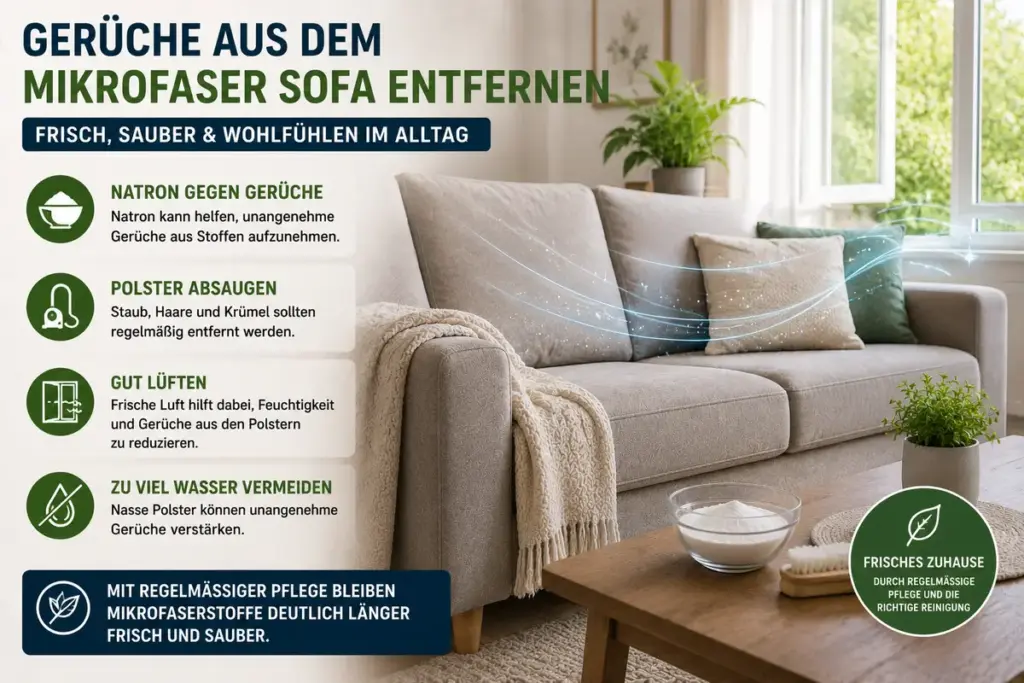Mikrofaser Sofa reinigen und Gerüche aus Mikrofaserstoffen mit Natron und frischer Luft entfernen