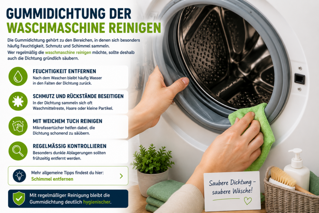 waschmaschine reinigen mit sauberer gummidichtung und mikrofasertuch bei der reinigung der waschmaschine
