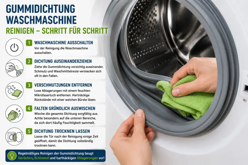 Gummidichtung Waschmaschine reinigen: Person säubert die inneren Falten der Waschmaschinen-Dichtung mit einem Mikrofasertuch und entfernt Schmutz sowie Feuchtigkeit