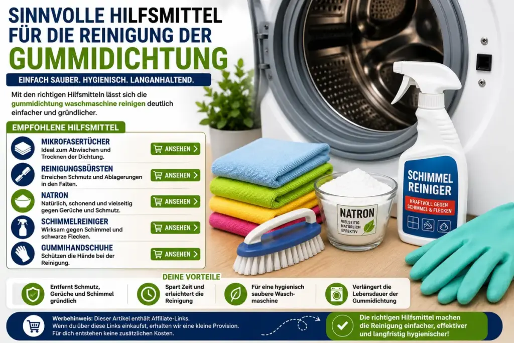 Gummidichtung Waschmaschine reinigen: Mikrofasertücher, Natron, Bürste und Reinigungsmittel neben einer geöffneten Waschmaschine