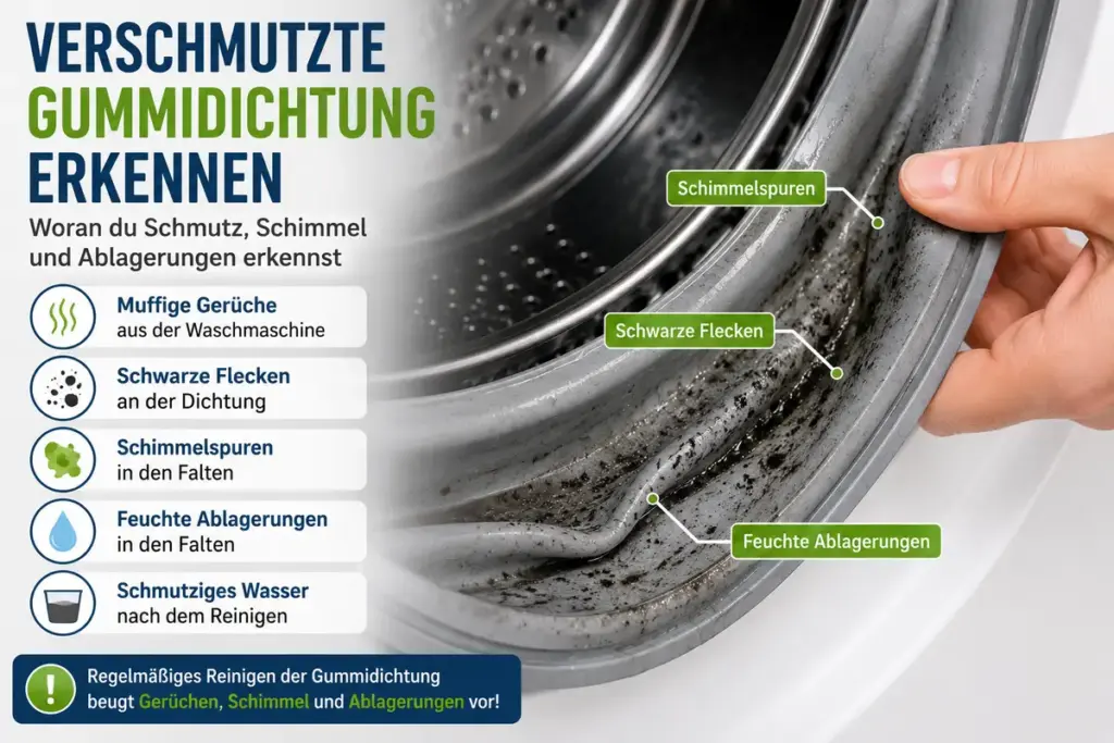 Gummidichtung Waschmaschine reinigen: Schwarze Ablagerungen, Schimmelspuren und Feuchtigkeit in den Falten einer stark verschmutzten Waschmaschinen-Dichtung